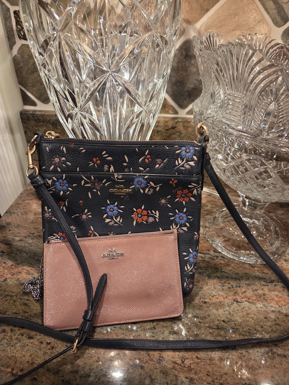 Coach Floral Black Crossbody Bag with Pink Wristlet